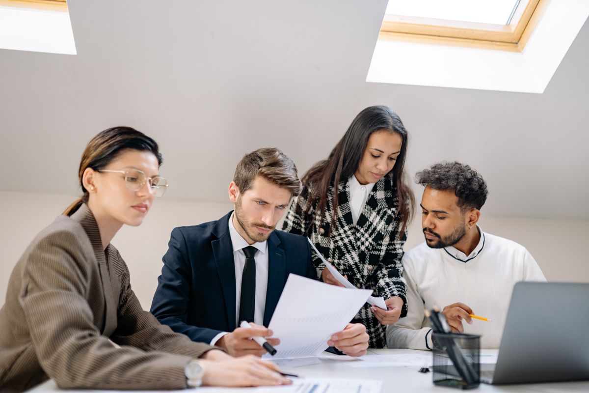 Professional team collaborating in an office setting